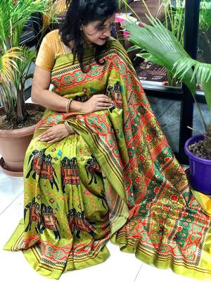 Digital print assami silk saree with jequared unstitched blouse and beautiful multicoloured thred work at pallu 1