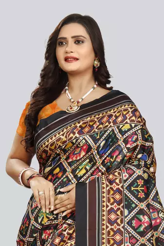 Digital print assami silk saree with jequared unstitched blouse and beautiful multicoloured thred work at pallu