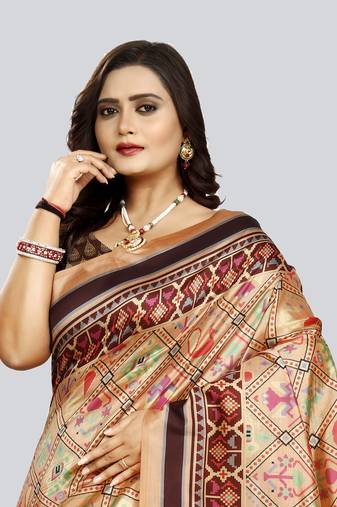 Digital print assami silk saree with jequared unstitched blouse and beautiful multicoloured thred work at pallu