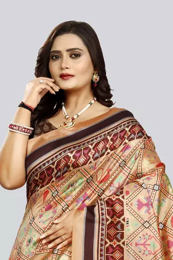 Digital print assami silk saree with jequared unstitched blouse and beautiful multicoloured thred work at pallu
