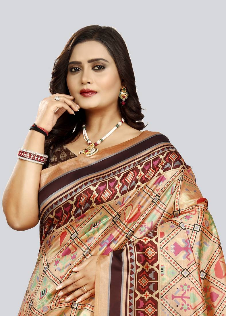 Digital print assami silk saree with jequared unstitched blouse and beautiful multicoloured thred work at pallu