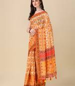 Digital Print Zari Cotton Lilen Crocher Work Saree With Multicolored Cotton Tussle At Pallu