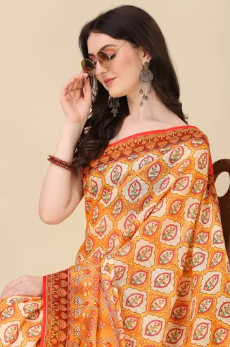 Digital Print Zari Cotton Lilen Crocher Work Saree With Multicolored Cotton Tussle At Pallu
