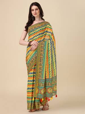 Digital Print Zari Cotton Lilen Crocher Work Saree With Multicolored Cotton Tussle At Pallu 1