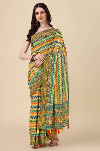 Digital Print Zari Cotton Lilen Crocher Work Saree With Multicolored Cotton Tussle At Pallu
