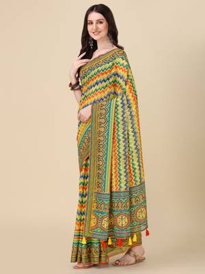 Digital Print Zari Cotton Lilen Crocher Work Saree With Multicolored Cotton Tussle At Pallu 2