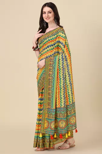 Digital Print Zari Cotton Lilen Crocher Work Saree With Multicolored Cotton Tussle At Pallu