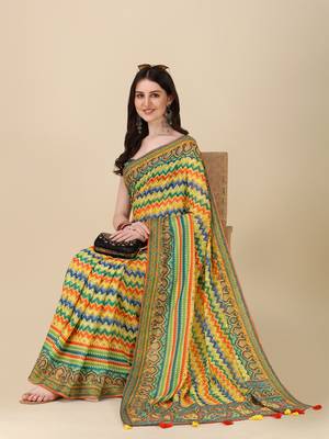 Digital Print Zari Cotton Lilen Crocher Work Saree With Multicolored Cotton Tussle At Pallu 3