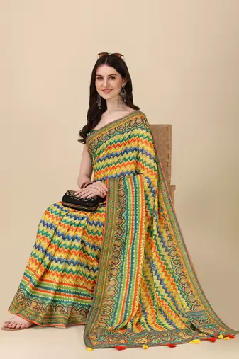 Digital Print Zari Cotton Lilen Crocher Work Saree With Multicolored Cotton Tussle At Pallu
