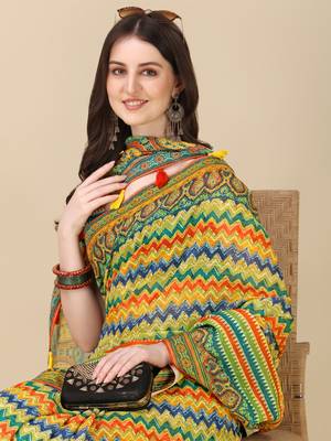 Digital Print Zari Cotton Lilen Crocher Work Saree With Multicolored Cotton Tussle At Pallu 4