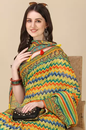 Digital Print Zari Cotton Lilen Crocher Work Saree With Multicolored Cotton Tussle At Pallu