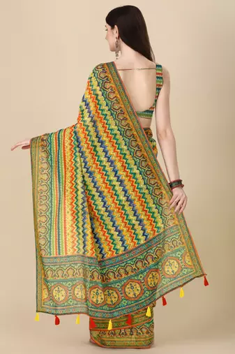 Digital Print Zari Cotton Lilen Crocher Work Saree With Multicolored Cotton Tussle At Pallu