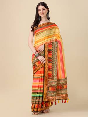 Digital Print Zari Cotton Lilen Crocher Work Saree With Multicolored Cotton Tussle At Pallu 1