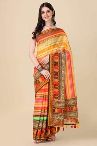 Digital Print Zari Cotton Lilen Crocher Work Saree With Multicolored Cotton Tussle At Pallu
