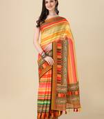 Digital Print Zari Cotton Lilen Crocher Work Saree With Multicolored Cotton Tussle At Pallu