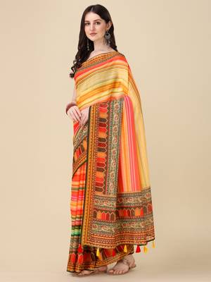 Digital Print Zari Cotton Lilen Crocher Work Saree With Multicolored Cotton Tussle At Pallu 2