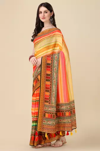 Digital Print Zari Cotton Lilen Crocher Work Saree With Multicolored Cotton Tussle At Pallu