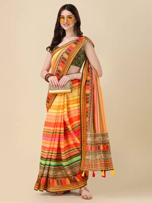 Digital Print Zari Cotton Lilen Crocher Work Saree With Multicolored Cotton Tussle At Pallu 3