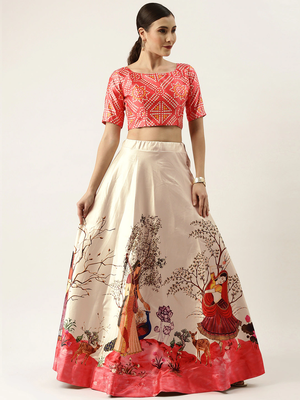 Ethnic Motifs Digital Print Shiney Satin Croptop Lehenga Choli With Unstitched Blouse For Women and Girls 2