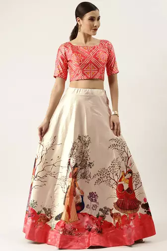 Ethnic Motifs Digital Print Shiney Satin Croptop Lehenga Choli With Unstitched Blouse For Women and Girls