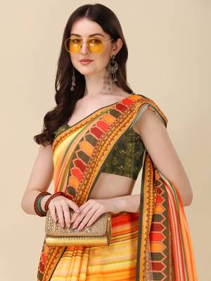 Digital Print Zari Cotton Lilen Crocher Work Saree With Multicolored Cotton Tussle At Pallu 4