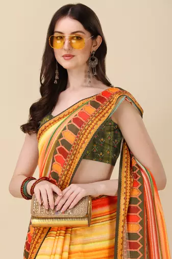 Digital Print Zari Cotton Lilen Crocher Work Saree With Multicolored Cotton Tussle At Pallu