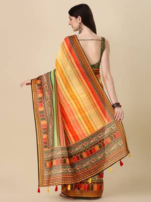 Digital Print Zari Cotton Lilen Crocher Work Saree With Multicolored Cotton Tussle At Pallu 5