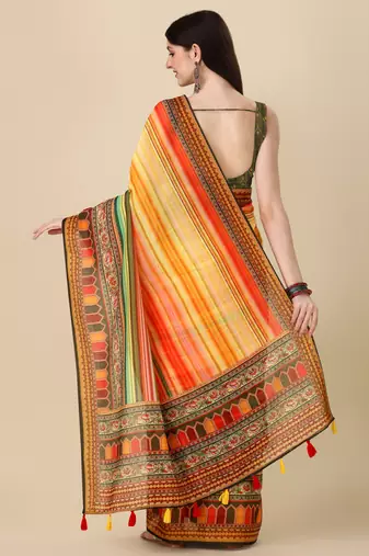 Digital Print Zari Cotton Lilen Crocher Work Saree With Multicolored Cotton Tussle At Pallu