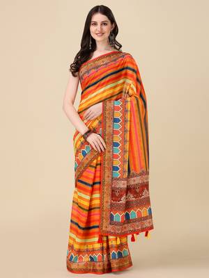 Digital Print Zari Cotton Lilen Crocher Work Saree With Multicolored Cotton Tussle At Pallu 1