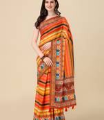 Digital Print Zari Cotton Lilen Crocher Work Saree With Multicolored Cotton Tussle At Pallu