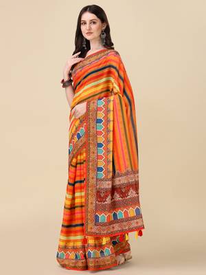 Digital Print Zari Cotton Lilen Crocher Work Saree With Multicolored Cotton Tussle At Pallu 2