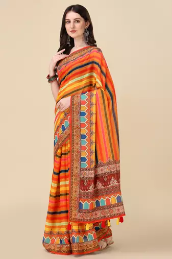Digital Print Zari Cotton Lilen Crocher Work Saree With Multicolored Cotton Tussle At Pallu