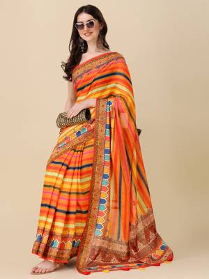 Digital Print Zari Cotton Lilen Crocher Work Saree With Multicolored Cotton Tussle At Pallu 3