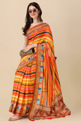Digital Print Zari Cotton Lilen Crocher Work Saree With Multicolored Cotton Tussle At Pallu