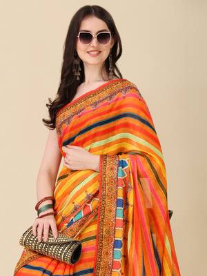 Digital Print Zari Cotton Lilen Crocher Work Saree With Multicolored Cotton Tussle At Pallu 4