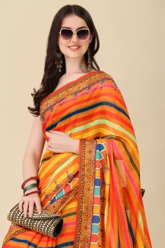 Digital Print Zari Cotton Lilen Crocher Work Saree With Multicolored Cotton Tussle At Pallu