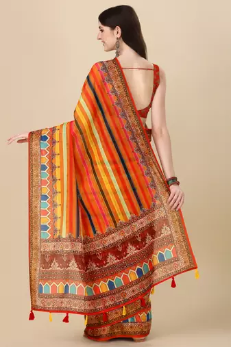 Digital Print Zari Cotton Lilen Crocher Work Saree With Multicolored Cotton Tussle At Pallu