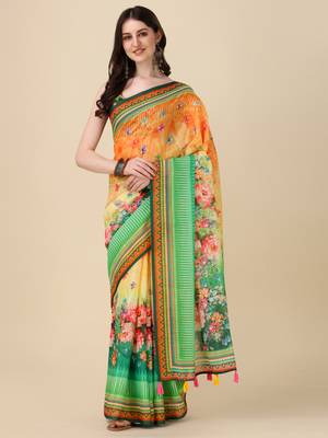 Digital Print Zari Cotton Lilen Crocher Work Saree With Multicolored Cotton Tussle At Pallu 1