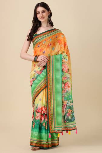 Digital Print Zari Cotton Lilen Crocher Work Saree With Multicolored Cotton Tussle At Pallu