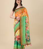 Digital Print Zari Cotton Lilen Crocher Work Saree With Multicolored Cotton Tussle At Pallu