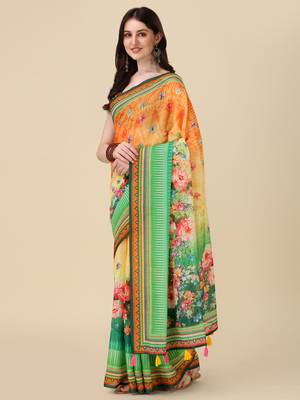 Digital Print Zari Cotton Lilen Crocher Work Saree With Multicolored Cotton Tussle At Pallu 2