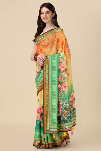 Digital Print Zari Cotton Lilen Crocher Work Saree With Multicolored Cotton Tussle At Pallu