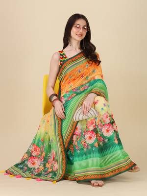 Digital Print Zari Cotton Lilen Crocher Work Saree With Multicolored Cotton Tussle At Pallu 3