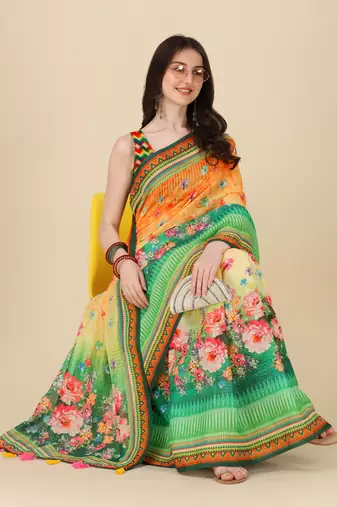 Digital Print Zari Cotton Lilen Crocher Work Saree With Multicolored Cotton Tussle At Pallu