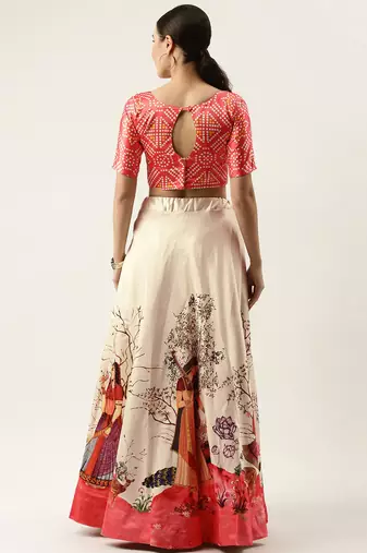 Ethnic Motifs Digital Print Shiney Satin Croptop Lehenga Choli With Unstitched Blouse For Women and Girls