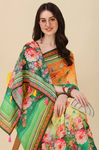 Digital Print Zari Cotton Lilen Crocher Work Saree With Multicolored Cotton Tussle At Pallu