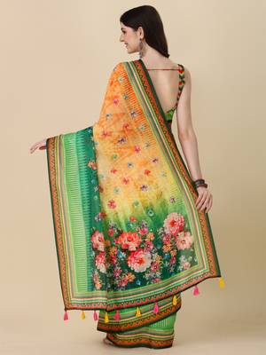 Digital Print Zari Cotton Lilen Crocher Work Saree With Multicolored Cotton Tussle At Pallu 5