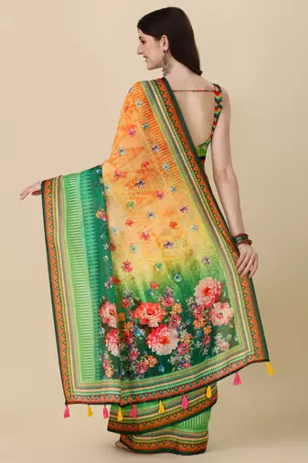 Digital Print Zari Cotton Lilen Crocher Work Saree With Multicolored Cotton Tussle At Pallu