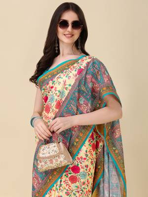 Digital Print Zari Cotton Lilen Crocher Work Saree With Multicolored Cotton Tussle At Pallu 1