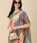 Digital Print Zari Cotton Lilen Crocher Work Saree With Multicolored Cotton Tussle At Pallu